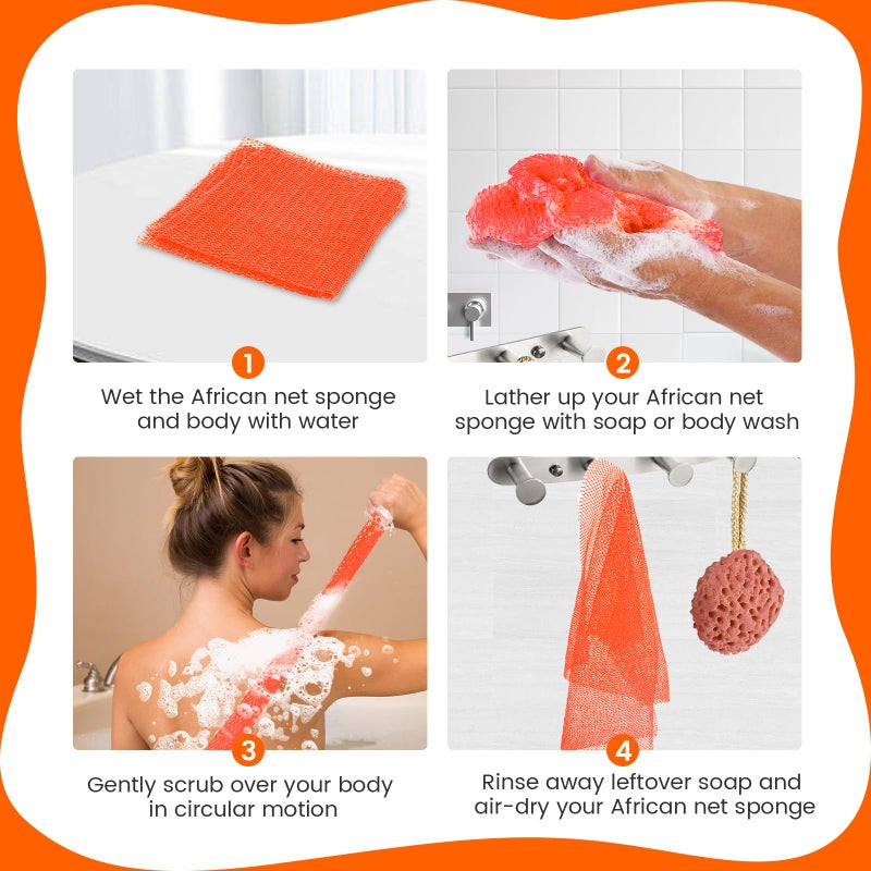 ZOCY African Net Sponge, Authentic Exfoliating Body Scrubber for Bath and Shower, Multiple Textures with Gentle Deep Exfoliating and Rich Lather for All Skins (Orange) - Image 5